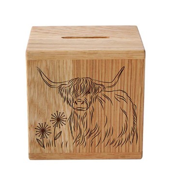 Highland Cow Oak Money Box