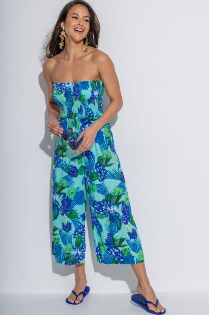 Pour Moi Strapless Shirred Bodice Crop Leg Beach Jumpsuit