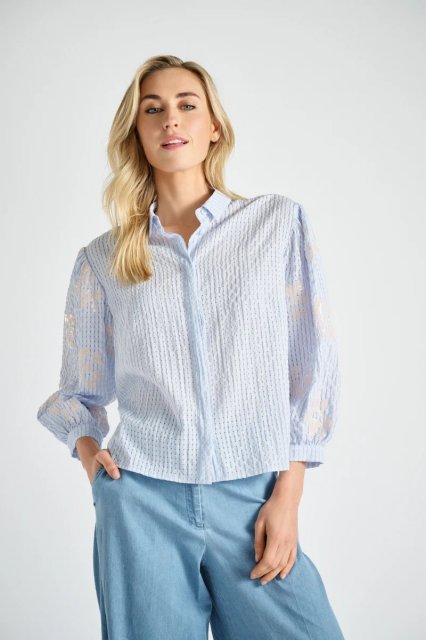 Marie Mero Seersucker striped shirt with sequins on sleeves