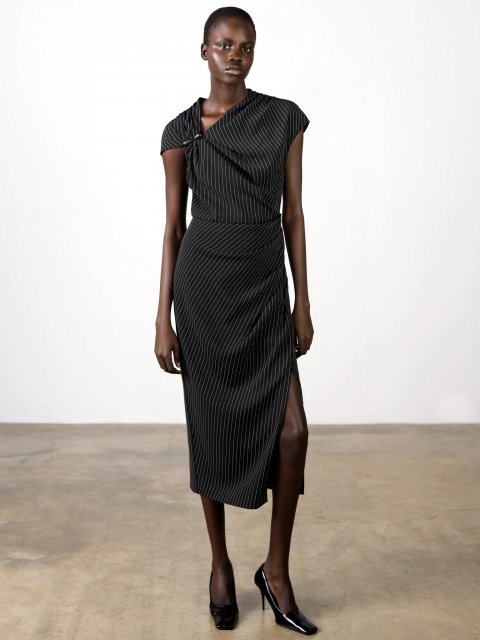 French Connection Vinnie Pinstripe Draped Midi Dress