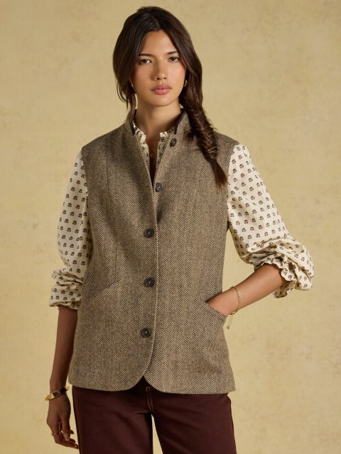 Joules Nehru Tweed Fitted Gilet Brown